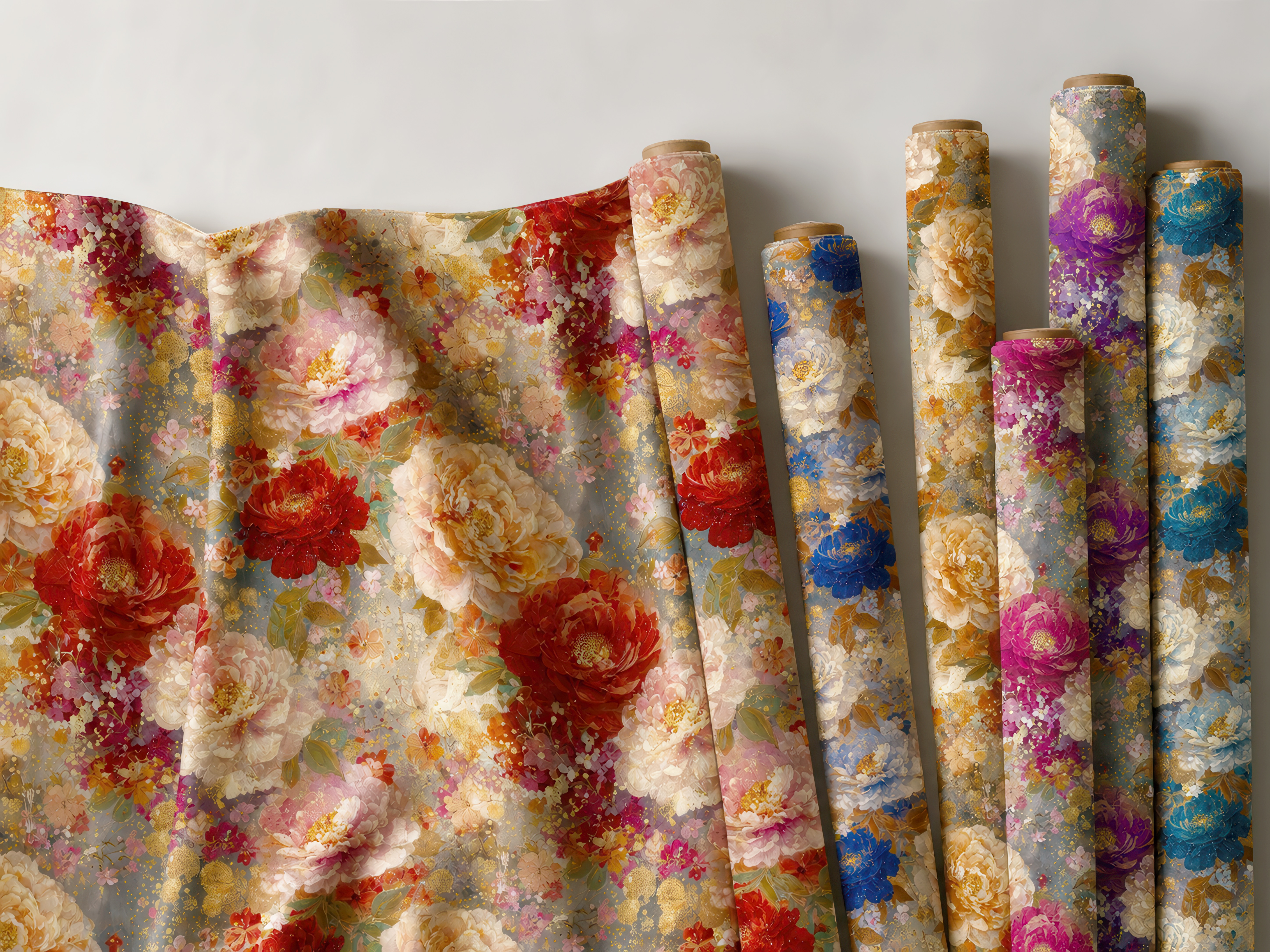 Coolsilk Textile LLC custom printed fabric — draped floral print fabric rolls
